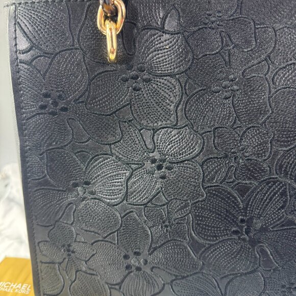 Authentic Michael Kors Black Saffiano Leather Floral Embossed Shoulder Bag - Picture 2 of 14